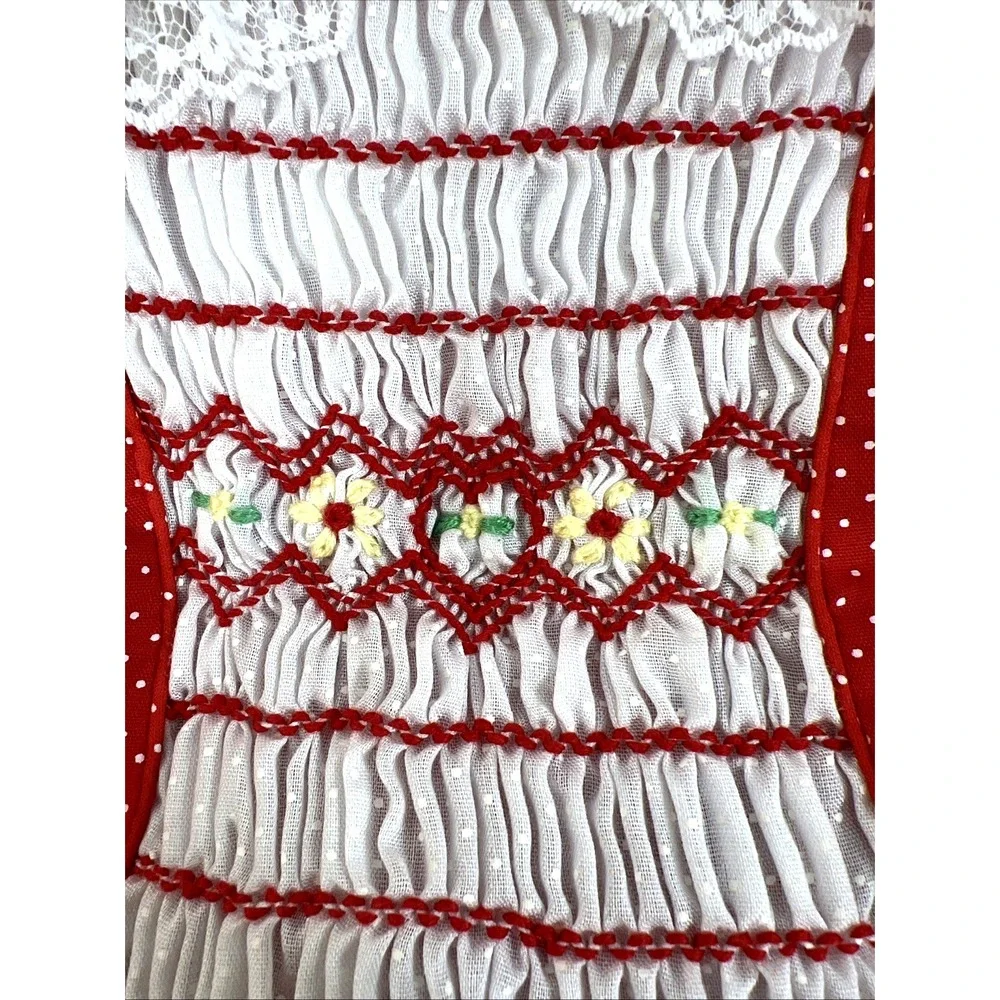 Vintage Polly Flinders Girls Red & White Polka-Dot Lace Smocked Dress Size 3T